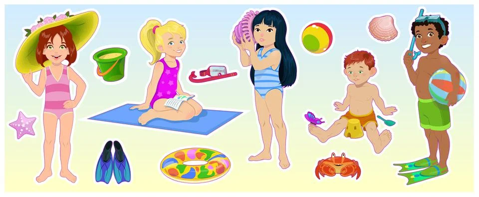 Cartoon children on the summer beach Stock Illustration