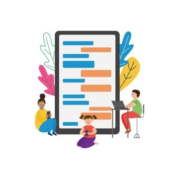 Cartoon children using technology. Giant tablet screen with texting app Stock Illustration