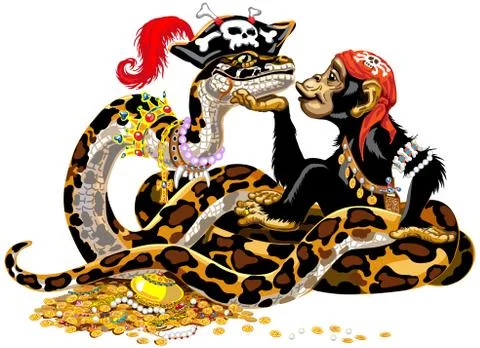 Cartoon chimpanzee and python pirates Stock Illustration