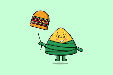 Cartoon Chinese rice dumpling floating with burger Stock Illustration