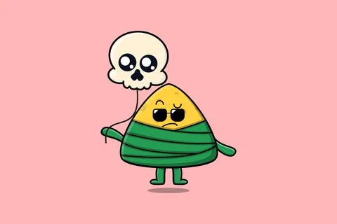 Cartoon Chinese rice dumpling floating with skull Stock Illustration