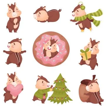 Cartoon chipmunk with different objects. Vector illustration on white background Stock Illustration