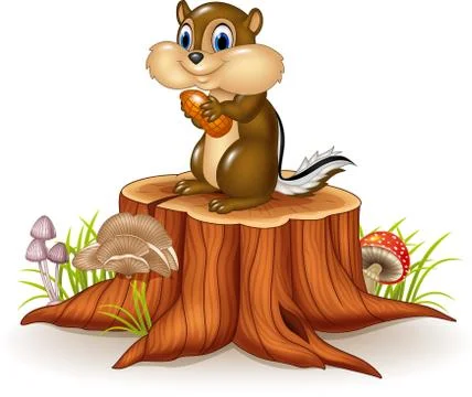 Cartoon chipmunk holding peanut on tree stump Illustrazione stock