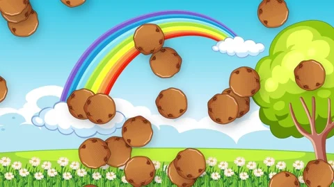 Cartoon Chocolate Chip Cookies Falling Over Sunny Meadow with Rainbow Stock Footage 339755341