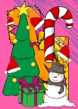 Cartoon Christmas decorated pine tree, Snowman, Gift Box, Candy cane, Santa.. Stock Illustration