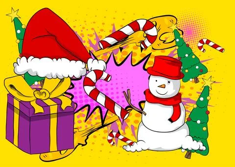 Cartoon Christmas decorated pine tree, Snowman, Gift Box, Candy cane, Santa.. Stock Illustration