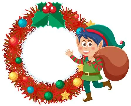 Cartoon Christmas Elf Carrying Sack Next to Red Tinsel Wreath Frame Stock Illustration
