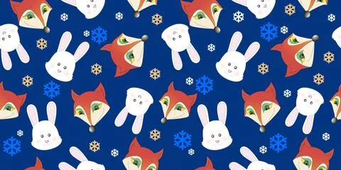 Cartoon Christmas pattern with cute fox and rabbits with falling snowflakes.. Stock Illustration