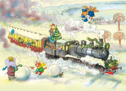 Cartoon Christmas steam train with animals Stock Illustration