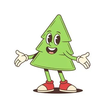 Cartoon Christmas Tree Character Vector Illustration Waving With White Gloves Illustrazione stock