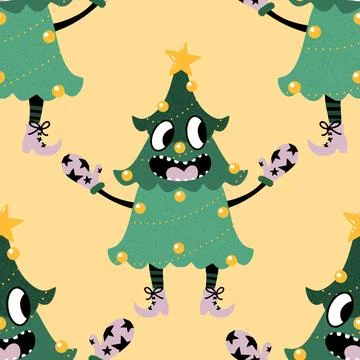 Cartoon Christmas tree seamless pattern for wrapping paper and fabrics Stock Illustration