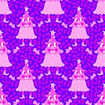 Cartoon Christmas tree seamless pattern for wrapping paper and fabrics Illustrazione stock