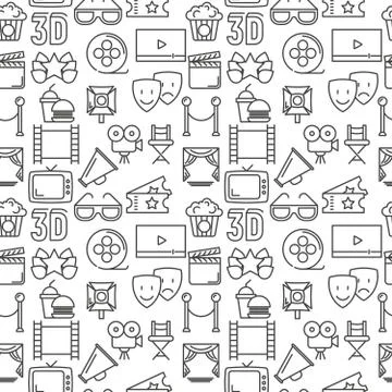 Cartoon cinema seamless pattern with thin line icons. Movie vector Illustrazione stock