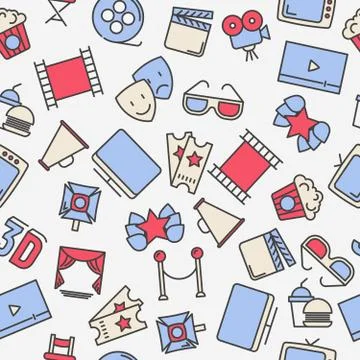Cartoon cinema seamless pattern with thin line icons. Movie vector Illustrazione stock