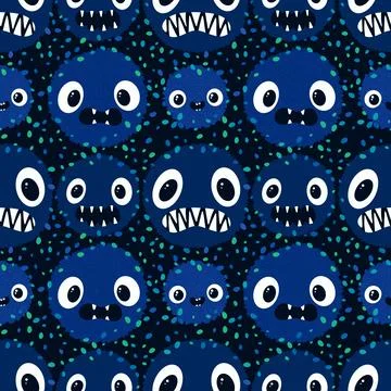 Cartoon circle monsters with teeth seamless Halloween animals pattern Stock Illustration