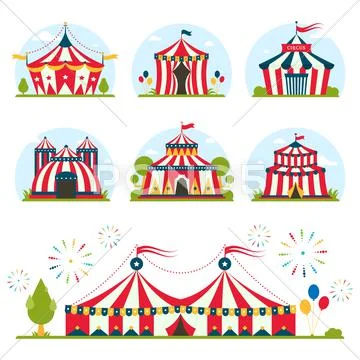 Cartoon circus tent with stripes and flags isolated. Ideal for carnival signs Stock Illustration