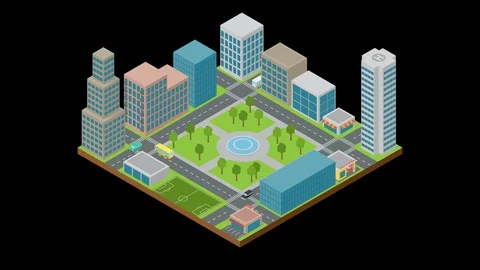 Cartoon city. Flat 3d isometric design. Alpha channel Stock Footage 128694853