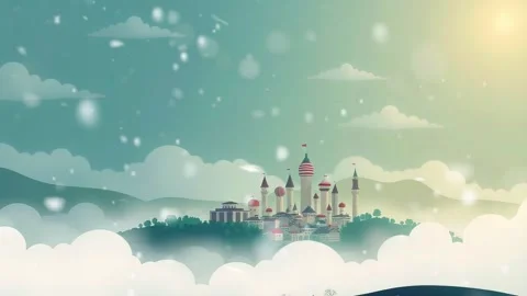 Cartoon City on a Mountain: Cloud-Top Town in a Winter Scene View Stock Footage 307979114