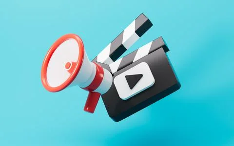 Cartoon clapper board and microphone, film shooting concept, 3d rendering. Stock Illustration