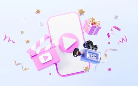 Cartoon clapper board, gift, camera and cellphone on blue background, onlin.. Stock Illustration