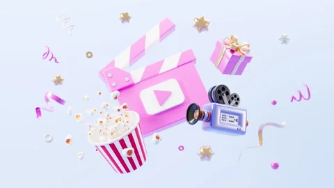 Cartoon clapper board , video camera, popcorn and gift on purple background.. Vídeo Stock 291525126