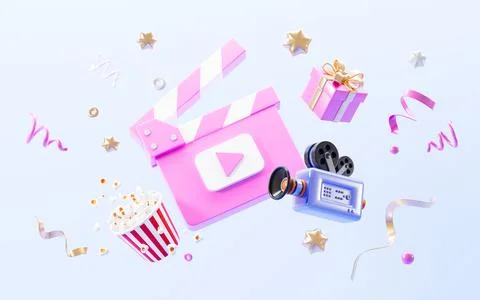 Cartoon clapper board , video camera, popcorn and gift on purple background.. Stock Illustration