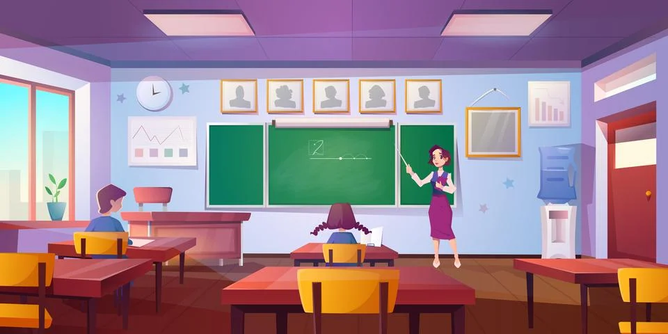 Cartoon classroom for math learning with pupils, teacher at the blackboard Stock Illustration