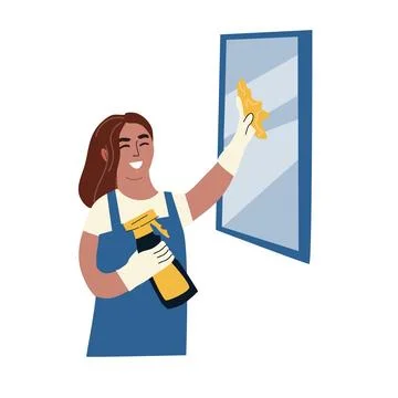 Cartoon clean worker washing window or mirror with detergent. Stock Illustration