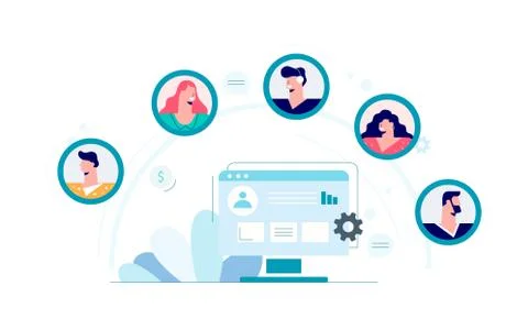 Cartoon client base circle avatar of male and female profile at computer screen Stock-Illustration