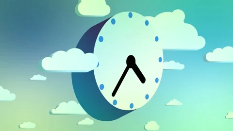 Cartoon clock 12 hours flying on sky moving clouds background. Video stock 184083914