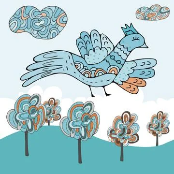 Cartoon cloud and birds pattern. decorative  background, primitive drawing. Stock Illustration