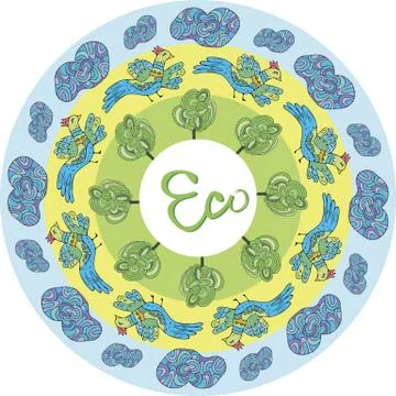 Cartoon cloud and birds pattern. decorative  background, primitive drawing. Stock Illustration