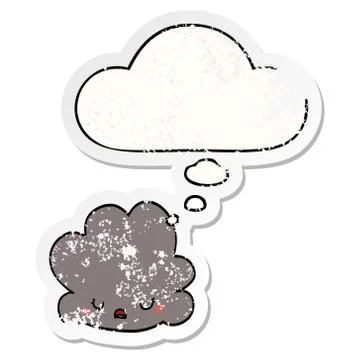 Cartoon cloud and thought bubble as a distressed worn sticker Stock Illustration