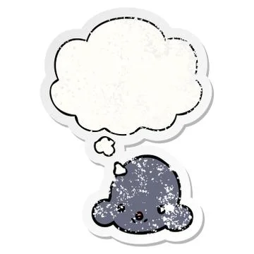 Cartoon cloud and thought bubble as a distressed worn sticker Stock Illustration