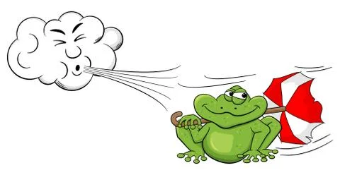 Cartoon cloud blowing wind on a frog with umbrella Stock Illustration