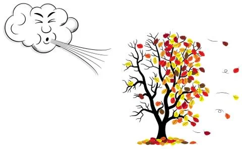 Cartoon cloud that blows wind to a tree who loses fall foliage Stockillustratie