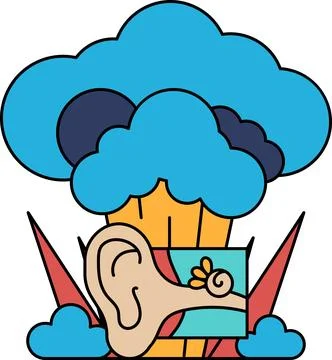A cartoon of a cloud with a bomb in the middle and an ear on the right Stock Illustration