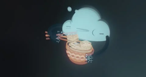 Cartoon cloud character is eating boxes with documents using noodle sticks Video stock 313558153