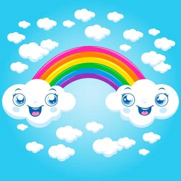 Cartoon cloud characters and a rainbow in the sky. Vector illustration Stock Illustration