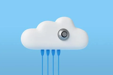 Cartoon cloud with connected network cables and security lock. Security conce Illustrazione stock