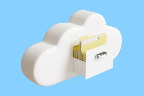 Cartoon cloud with drawer full of folders with files isolated on blue backgro Stock Illustration