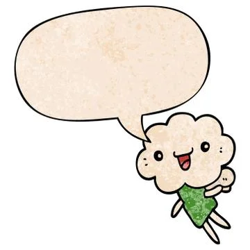 Cartoon cloud head creature and speech bubble in retro texture style Illustrazione stock