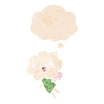 Cartoon cloud head creature and thought bubble in retro textured style Stock Illustration