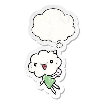 Cartoon cloud head creature and thought bubble as a distressed worn sticker イラスト素材