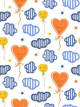 Cartoon cloud kids seamless pattern, heart shapes balloon, hand drawn Stock Illustration