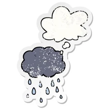 Cartoon cloud raining and thought bubble as a distressed worn sticker Stock Illustration
