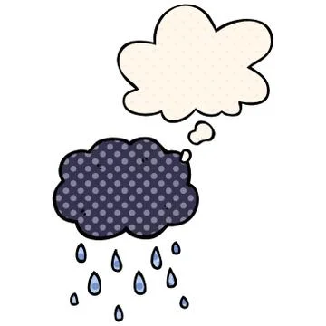Cartoon cloud raining and thought bubble in comic book style Stock Illustration