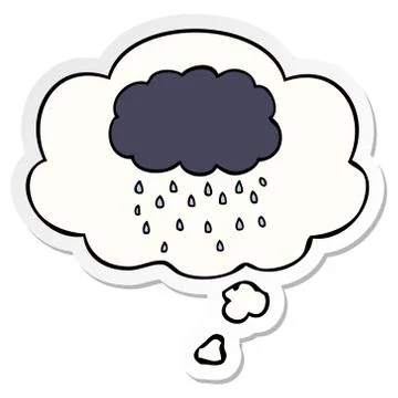 Cartoon cloud raining and thought bubble as a printed sticker 스톡 일러스트