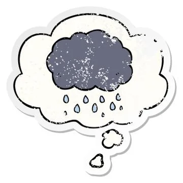 Cartoon cloud raining and thought bubble as a distressed worn sticker Stock Illustration