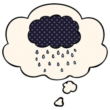 Cartoon cloud raining and thought bubble in comic book style Stock Illustration